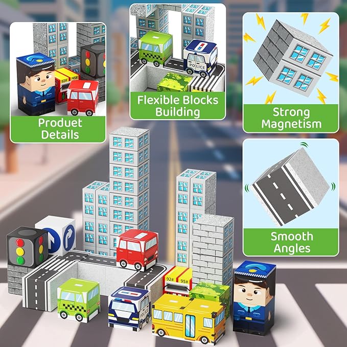 City-Themed Magnetic Building Blocks - Portable & Travel-Friendly Set for Ages 3+, STEM Learning Construction Kit with Storage Box