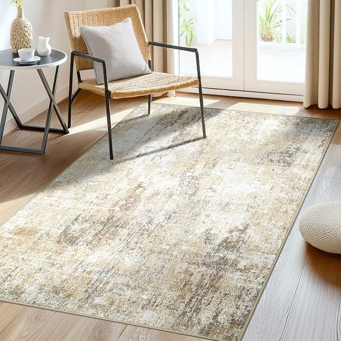 RELEANY Washable 3'x5' Abstract Area Rug for Living Room Neutral Brown | carpet for bedroom, kitchen, office, hallway and entryway, printed pattern, non-slip, soft, stain-resistant, easy to clean
