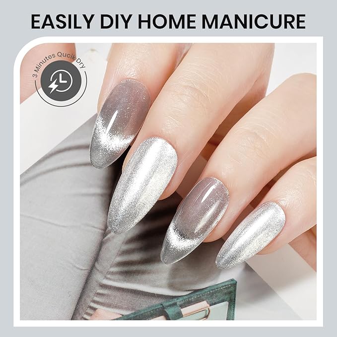 Silver Cat Eye Nail Polish Non Gel Quick Dry Glitter Magntic Nail Polish Cats Eye Toe Fingernail Air Drying Fast Lacquer Manicure Gift For Women Girls 16ml, 0.54fl oz