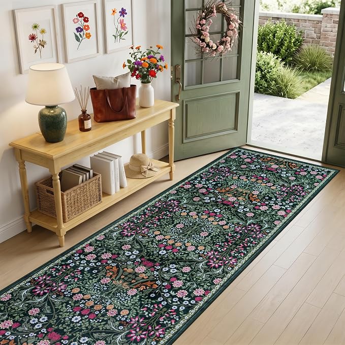Runner Rug for Entryway: 3x10 Kitchen Rugs Non Slip Washable Ultra-Thin Soft Floral Carpet Indoor Floor Stain Resistant Carpets for Hallway Bedroom Kitchen Laundry Bathroom Dorm Dark Green