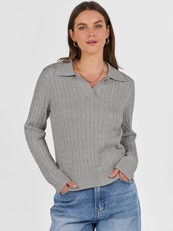 ANRABESS Womens Cable Knit Sweaters Long Sleeve V Neck | Pullover Collared Sweater Tops, Polo Knit Shirts, Business Casual Work, Tennis Golf, Fall Winter Fashion Outfits