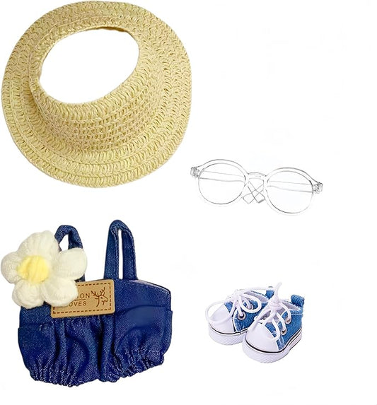 Designer Clothes for Doll, 17cm La Booboo Dolls Demin Overalls Clothes, Cute Doll Outfit Accessories with Denim Overall, Flower Pin, Glasses, Shoes and Straw Hat, NZ002