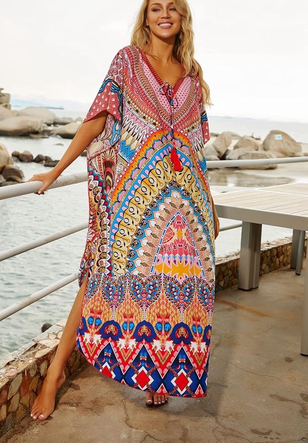 Venasha Womens Caftan Floral Print Kaftan Dress Short Sleeve Swimsuit Cover up Loungewear for Summer