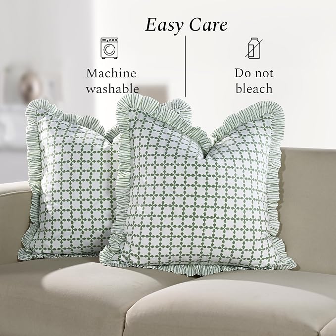 CPC Kelly Green Hand Block Print 100% Cotton Ruffle Throw Pillow Cover 18x18 inch with Hidden Zipper Decorative for Couch, Bed, Sofa, Farmhouse, Cottagecore Decor Gift Christmas Fall Thanksgiving