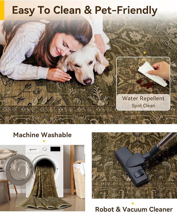 RELEANY Area Rugs 7'x10' Washable Non-Slip, Floral Vintage Distress Medallion Carpet for Living Room Bedroom Dining Room, Brown Dark Brown