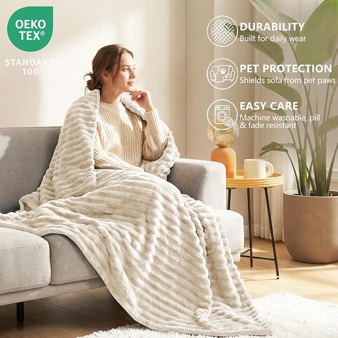 HIMEET Beige Full Size Blanket for Bed, 300GSM Ribbed Fleece, 84 x 90 in | Ultra Soft Flannel, All-Season Lightweight Warmth, Bed Layering & Home Room Decor, Gift for Men & Women, Machine Washable
