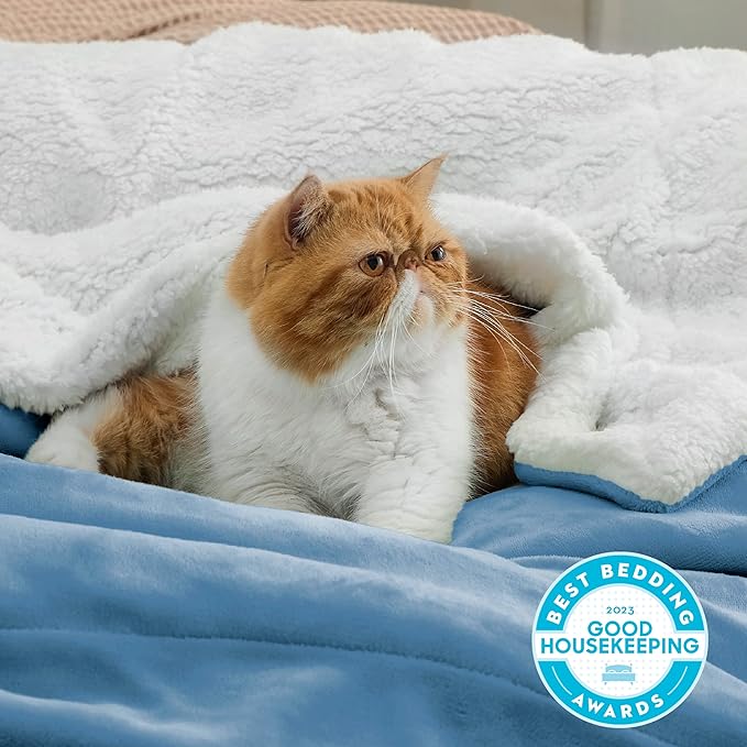 Bedsure GentleSoft Sherpa Fleece Blankets King Size for Bed, Non-Heated, Thick and Warm Throw for Women and Men, Soft Fuzzy Plush King Blanket for Winter, Washed Blue, 108x90 Inches