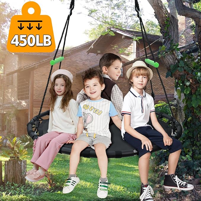 YSEJOMP Black Round Saucer Swing with Handles -Made of Sturdy Frame,PP Mat,Adjustable Multi-Strand Ropes,Safe and Durable for Yard Garden Playground Park (Black+Extra Straps, 48 inches)