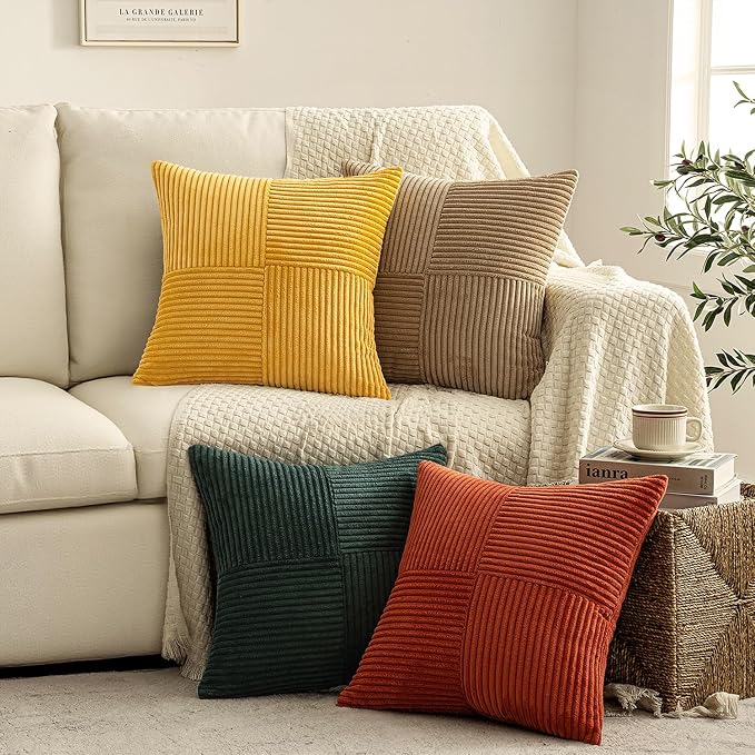 MIULEE Fall Green Rust Throw Pillow Covers 20x20 Inch Set of 4 Boho Farmhouse Soft Corduroy Striped Cushion Cases Decorative Color-Clash Home Decor for Couch Sofa Living Room Bed