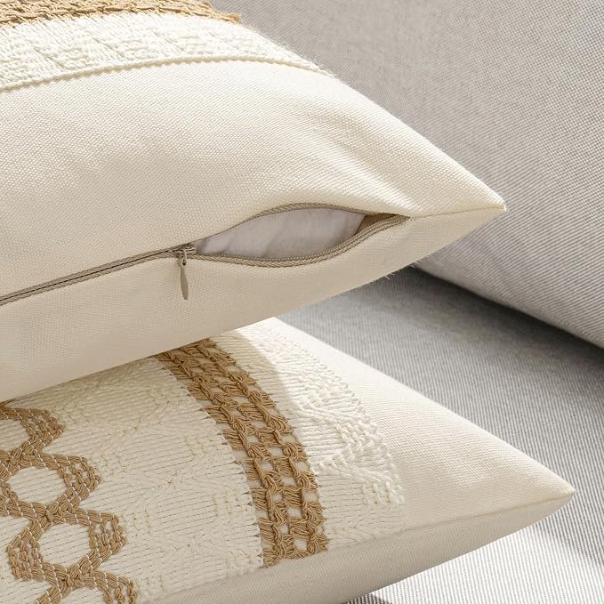 MIULEE Set of 2 Neutral Boho Decorative Pillow Covers 18x18 Inch | Farmhouse Couch Throw Pillows, Modern Spring Cotton Cushion Covers, Macrame Woven Home Decor for Bed Sofa Chair