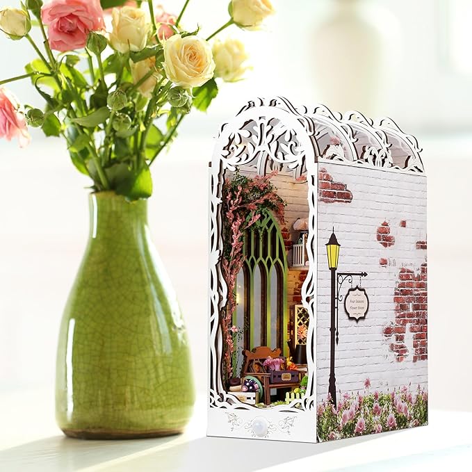 Foyucool Book Nook Kit - DIY Miniature Dollhouse Kits for Adults, Booknook Bookshelf Insert with LED Light, 3D Wooden Puzzle Bookend Insert, Hobbies Gifts for Family and Friends, Flower House