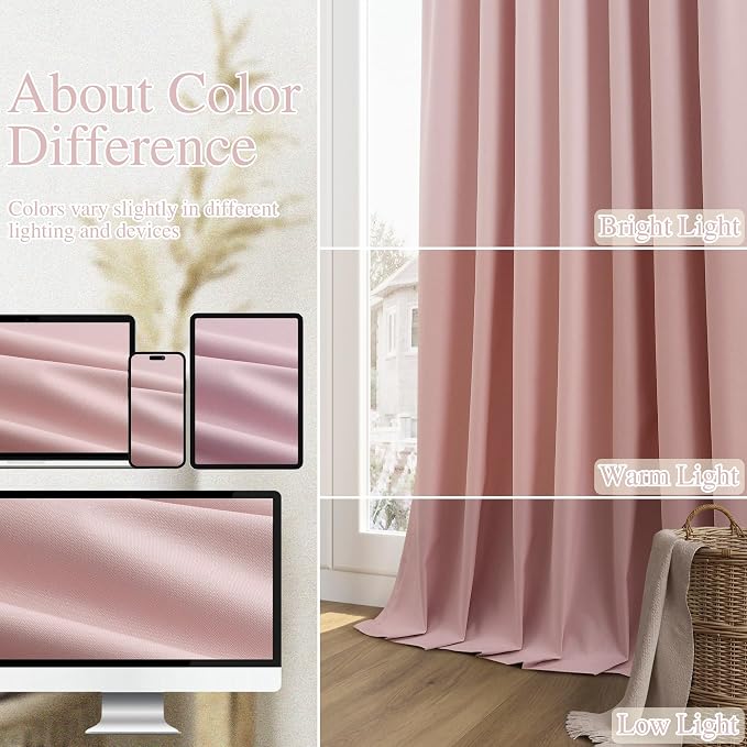 Guken Pink 100% Blackout Linen Curtains 120 Inch 2 Panels Set for Girl's Bedroom, Living Room, Nursery, Back Tab/Rod Pocket Thermal Insulated Black Out Drapes Farmhouse for Bedroom Window Curtains