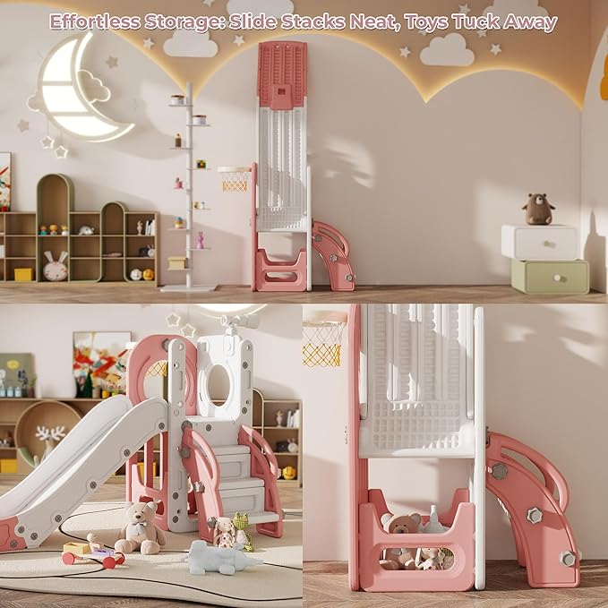 Toddler Slide, Outdoor Indoor Slide for Toddlers 1-3, Freestanding Slides with Basketball Hoop, Telescope, Storage Space and Non-Slip Steps (Pink)