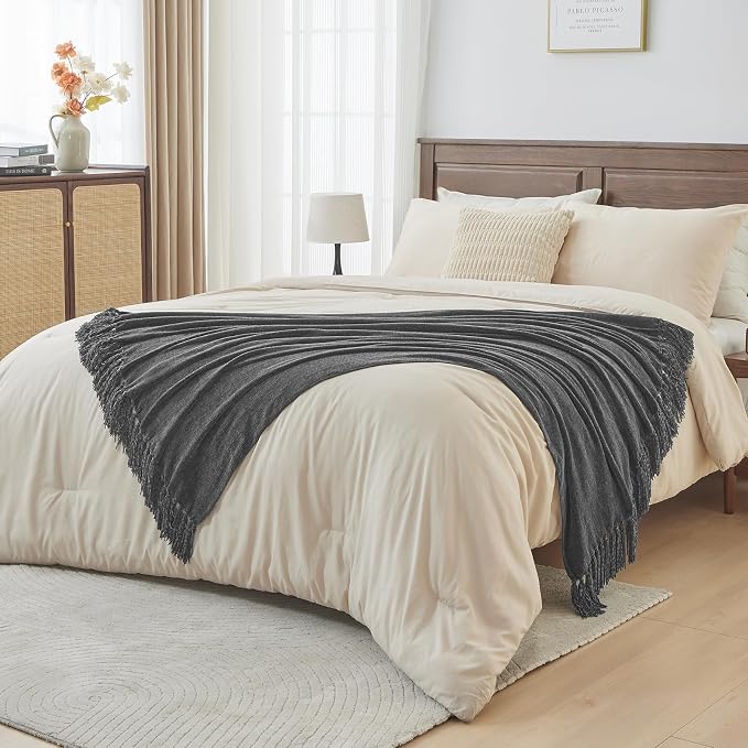 CozeCube Chenille Throw Blanket, Charcoal Grey Fringe Blanket, 50"X60" | For Couch, Cozy Plush Fuzzy Decorative Blanket with Fringe Tassels, Lightweight Throws for Bed Sofa Gift Home Decor