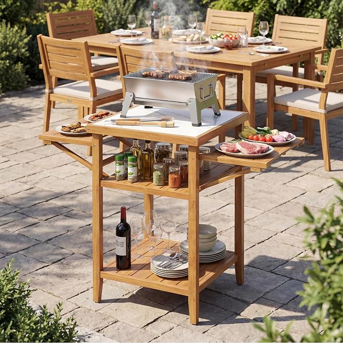 HAPPYGRILL Outdoor Wood Grill Table w/Faux Marble Top, 2-Tier Open Shelves | Outside Kitchen Island & BBQ Prep Table w/Drop-Leaf Side Panels, Acacia Wood Pizza Oven Grill Cart for Patio Backyard Party