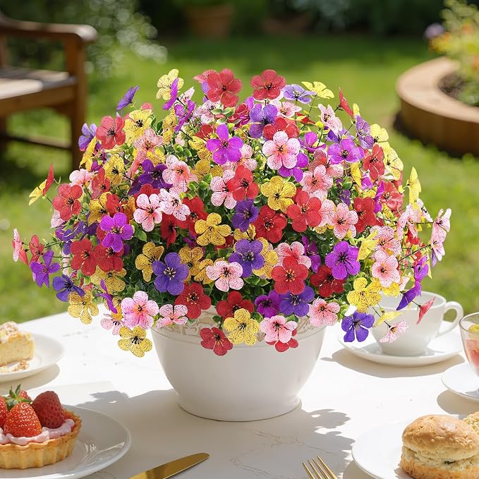 Alupssuc 20 Bundles Artificial Flowers for Outdoor Indoor Decoration | UV Resistant No Fade Fake Plants Eucalyptus, Colorful Faux Spring Flowers for Outside Yard Porch Patio Garden Home Window Box