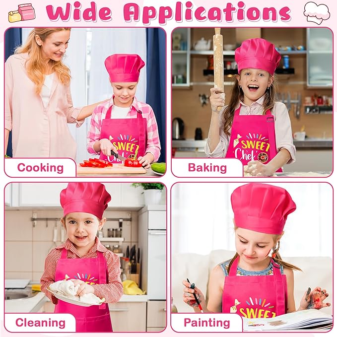 R HORSE 2Pcs Kid Apron and Chef Hat Set, Rose Red Adjustable Children Kitchen Toddler Apron for Girls, Dress up Role Play Chef Toy Funny Birthday Gift for Kids Cooking Baking Painting