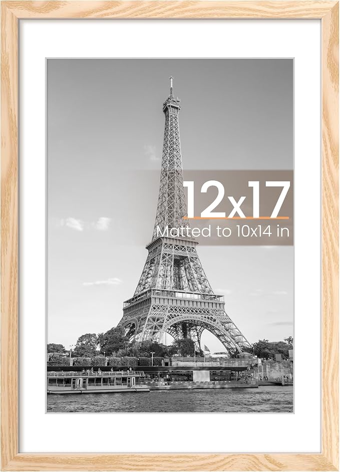 upsimples 12x17 Picture Frame, Display Pictures 10x14 with Mat or 12x17 Without, Wall Hanging Photo Frame, Natural, 1 Pack
