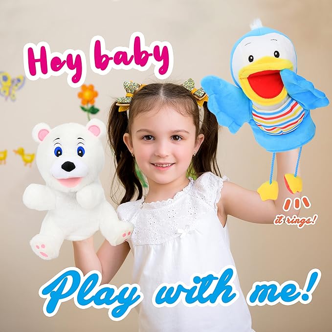 Hopearl Plush White Bear Hand Puppet with Open Movable Mouth for Imaginative Play, Role Play, Interactive Toy for Storytelling Teaching Puppet Theater, Gifts for Kids Boys Girls, 11.5''