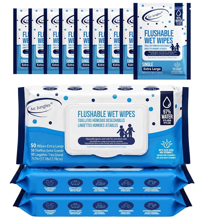Air Jungles Flushable Wipes 160 Ct 3-Pack+10 Singles, Adult & Kid, XL 7x7in | Fresh Scent, with Aloe Vera & Vitamin E For Sensitive Skin, Septic & Sewer Safe, Ultra Soft Personal Wet Wipes