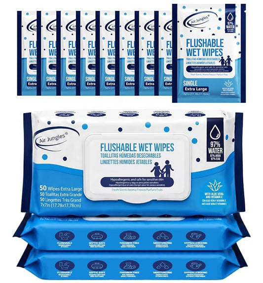 Air Jungles Flushable Wipes 160 Ct 3-Pack+10 Singles, Adult & Kid, XL 7x7in | Fresh Scent, with Aloe Vera & Vitamin E For Sensitive Skin, Septic & Sewer Safe, Ultra Soft Personal Wet Wipes