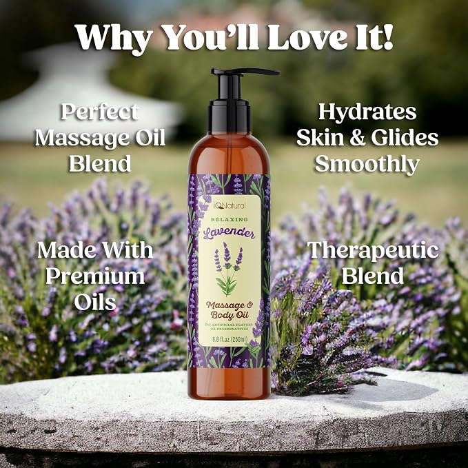 IQ Natural Organic Lavender Body Oil for Skin, Lavender Massage Oil for Massage Therapy, Sore Muscle Body Relaxing Stress Relief - Lightweight and Non-Greasy - 8.8oz (260ml)