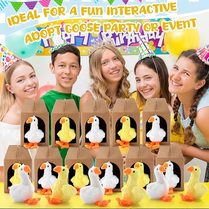 84 Pcs Adopt a Pet Party Favors 24 Mini Plush Stuffed Animals 10 White Plastic Fence 24 Paper Gift Boxes 24 Adoption Cards with Mini Chalkboard and Artificial Lawn(Goose)