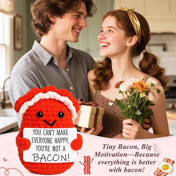 Mini Motivational Bacon Handmade Crochet Bacon for Women White Elephant Christmas Encouragement Gift for Friends Coworkers Small Birthday Back to School Gifts Cute Motivation Unique Office Desk Decor