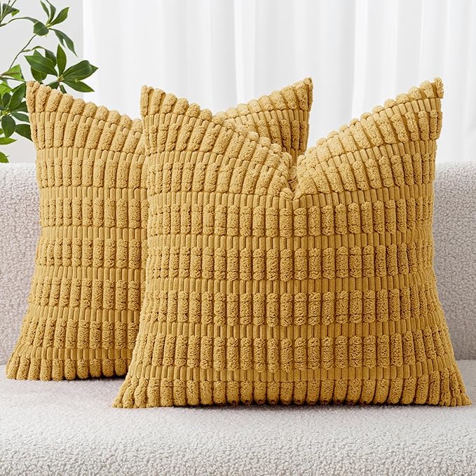 MIULEE Corduroy Decorative Throw Pillow Covers 20x20 Yellow Pack of 2 | Soft Boho Striped Pillow Covers Modern Farmhouse Home Decor For Sofa Living Room Couch Bed
