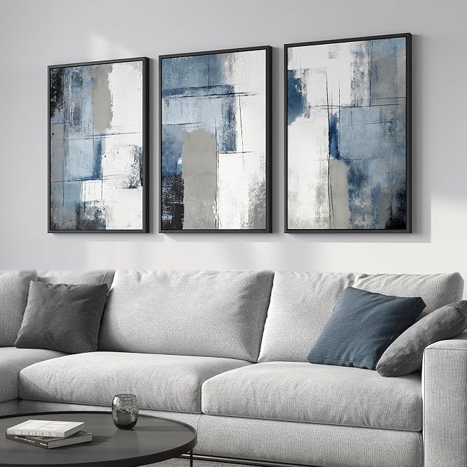 Large Framed Blue and Grey Abstract Wall Art, 3 Piece Modern Canvas Prints Paintings Artwork for Walls, Minimalist Abstract Block Pictures for Living Room Entryway Hallway Bedroom Wall Decor 20x30 In