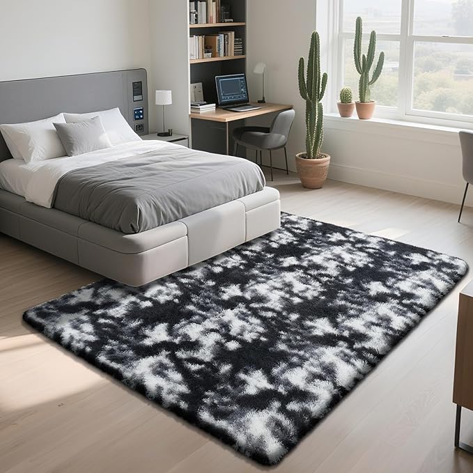 yongyangjuxin Fluffy Rug Shag Area Rug, Mottling Black 9x12 Area Rugs for Living Room, Large Shag Area Rugs for Bedroom Room Home Decor, Upgrade Anti-Skid Rectangular Fuzzy Rugs