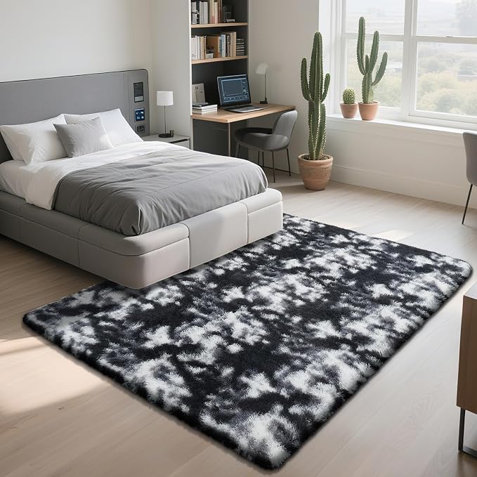 yongyangjuxin Fluffy Rug Shag Area Rug, Mottling Black 6x9 Area Rugs for Living Room, Large Shag Area Rugs for Bedroom Room Home Decor, Upgrade Anti-Skid Rectangular Fuzzy Rugs