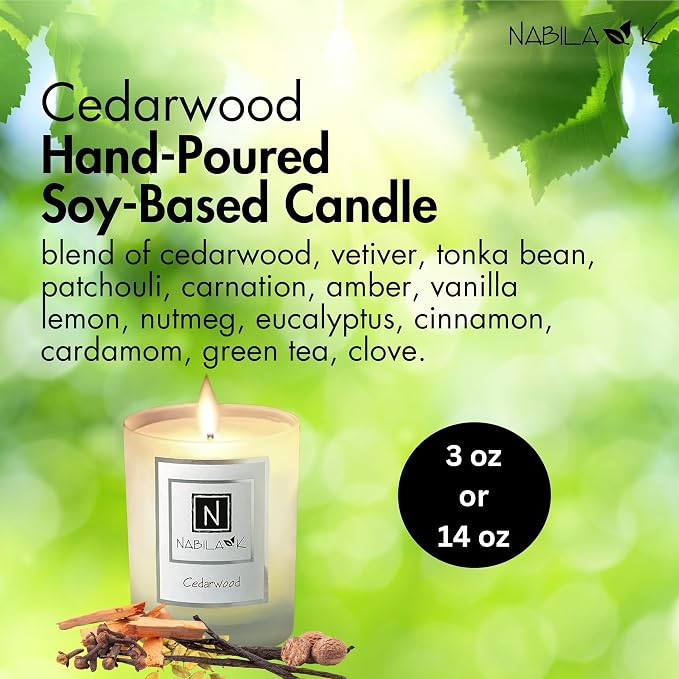 Nabila K - Cedarwood - Soy Candle with Essential Oils - Hand-Poured in USA - Cotton Wick - Aromatherapy - Blend of Cedarwood, Patchouli, Eucalyptus, Vanilla, Lemon, Eucalyptus & More - 3 oz
