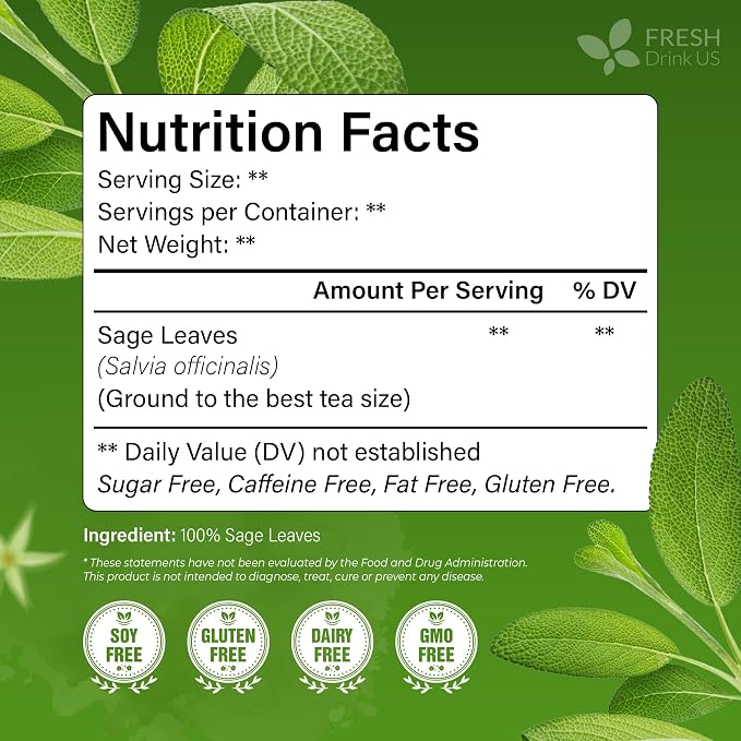 FreshDrinkUS, Premium 135 Sage Leaf Tea Bags, 100% Natural & Pure from Sage Leaves. Loose Leaf Herbal Tea. Made with Natural Material Tea Bags. No Sugar, No Caffeine, No Gluten, Vegan.