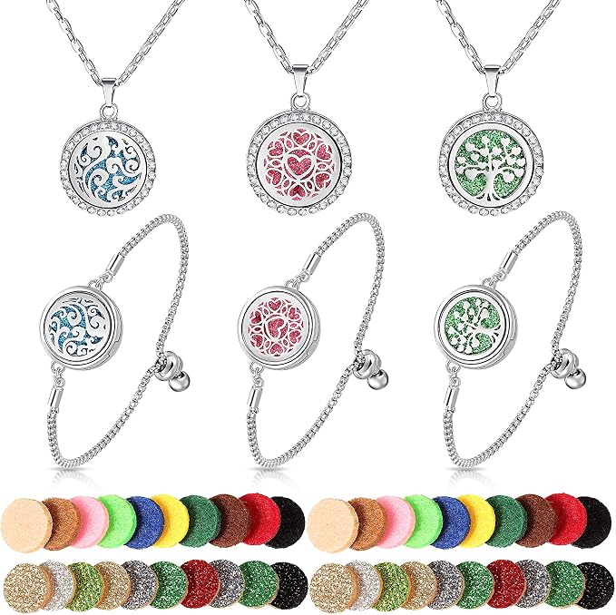 MTLEE 6 Pcs Essential Oil Diffuser Necklace Bracelet Set Stainless Steel Aromatherapy Locket Pendant Adjustable Bracelet for Women with 40 Pcs Refill Pads Assorted Colors Gift Set Christmas Birthday