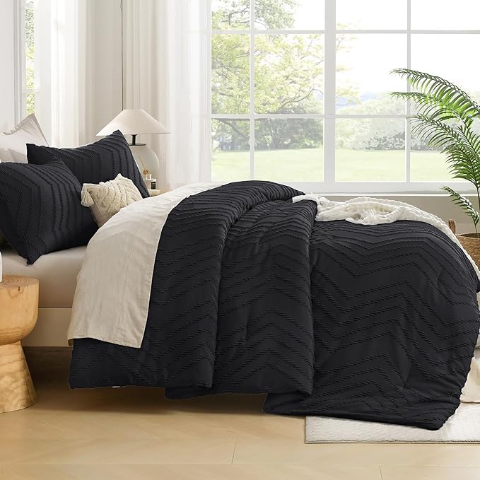 Andency Black California King Comforter Set, Boho Cal King Soft Warm Tufted Neutral Bedding Comforter Sets, 3 Pieces Cali King Aesthetic Chevron Farmhouse Cute Bohemian Textured Bedding Set
