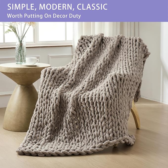 Bigacogo Chunky Knit Throw Blanket for Couch, 80x90 inches, Taupe | Hand Knit with Jumbo Chenille, Soft Breathable Cable Knit for Sofa Bed Living Room, Machine Washable, Gift for Mom Friend