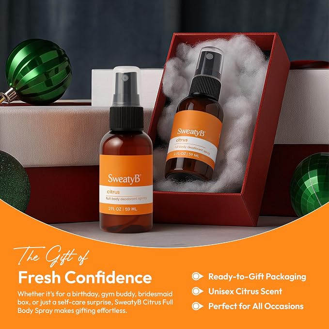 SweatyB® deodorant spray - Odor Protection with whole body deodorant for women & men - Travel Size, Skin-Safe, Vegan & Made in USA - Citrus body spray - 2 Oz - Pack of 2