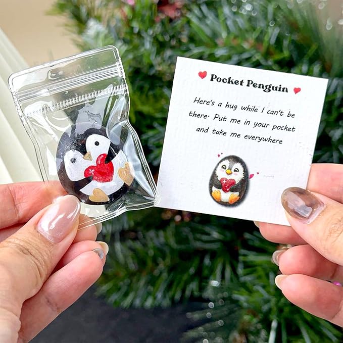 Handmade Pocket Penguin Pebble – Pocket Hug Mini Gift – Cute Hand-Painted Affirmation Token with Card – Long Distance Hug, Encouragement for Friends, Kids, or Anxiety Relief for Boyfriend, Girlfriend, Couples (Penguin Hug)
