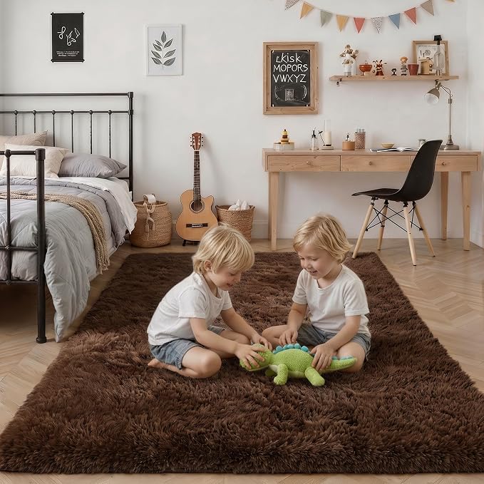 Fluffy Area Rugs 9x12 Living Room Bedroom: Ultra Soft Shag Rug Upgrade Non-Slip Non-Shedding Large Fuzzy Plush Carpet Indoor Floor Carpets for Kids Room Playroom Nursery Dorms Home Decor Brown