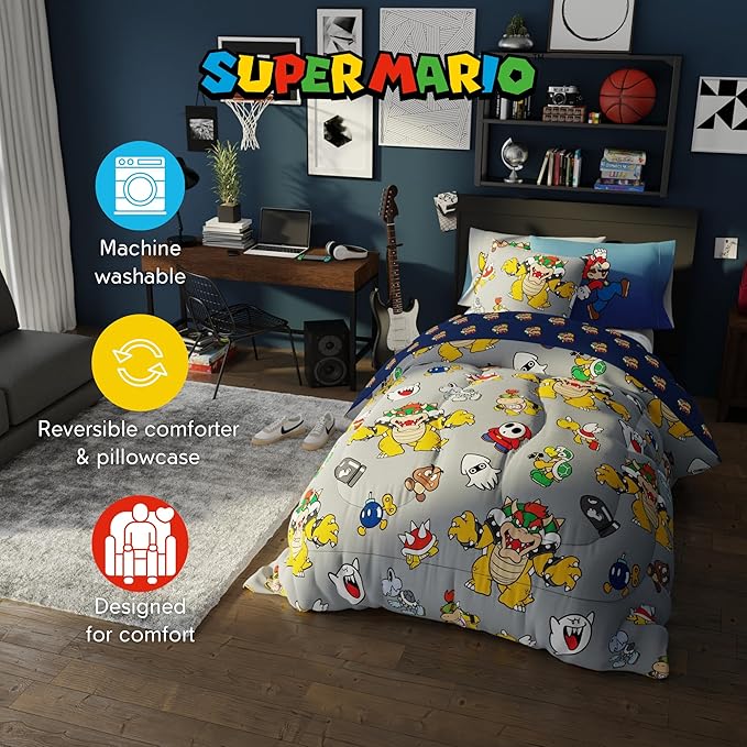 Nintendo Super Mario Bowser Bedding Set, Twin Size 5 Piece Set Kids Super Soft Cozy Reversible Comforter and Sheet Set with Sham, (100% Officially Licensed Product) by Franco
