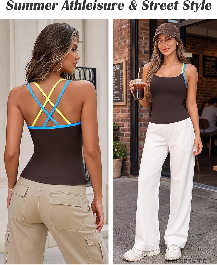 BMJL Workout Tank Tops Women Color Block Built in Bra Tops Cross Back Gym Yoga Running Shirts