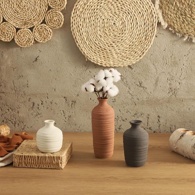 Dobbyby Ceramic Vase Set of 3 Neutral Decorative Vase for Farmhouse, Boho, or Rustic Home Decor Pottery Vases for Pampas Grass Living Room Bedroom Table Mantel Entryway Shelf (01-Brown)