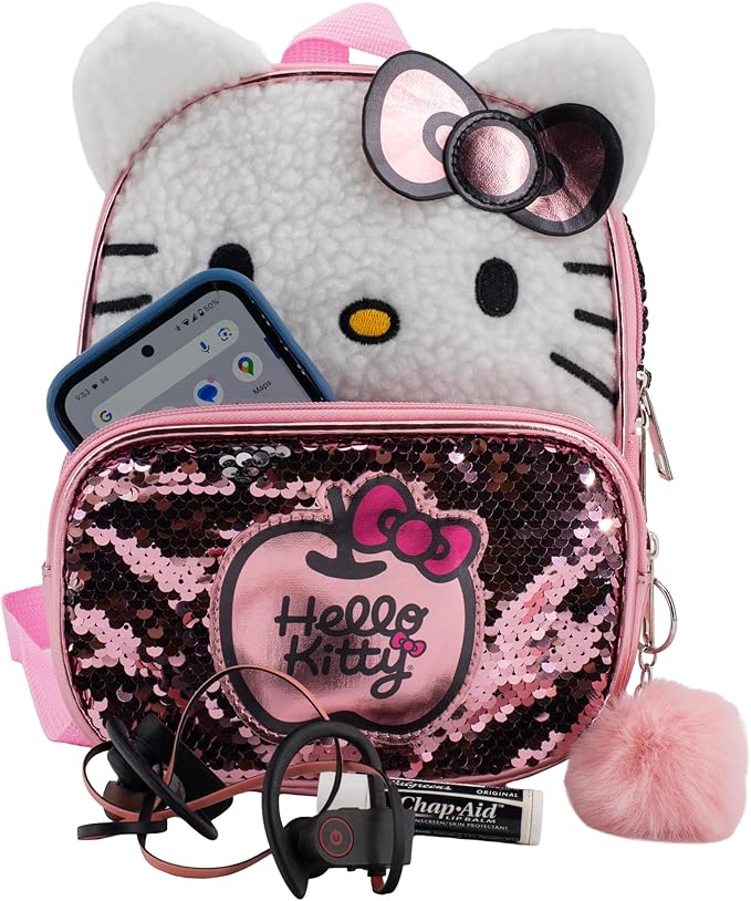 AI ACCESSORY INNOVATIONS Hello Kitty 9” Micro Mini Backpack Purse Featuring 3D Ears & Bow, Sherpa & Sequin Material, & Pompom Dangle, Pink