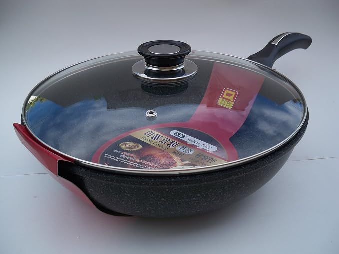 Ceramic Marble Coated Cast Aluminium Non Stick Stir Fry Wok With Glass Lid, 30 cm