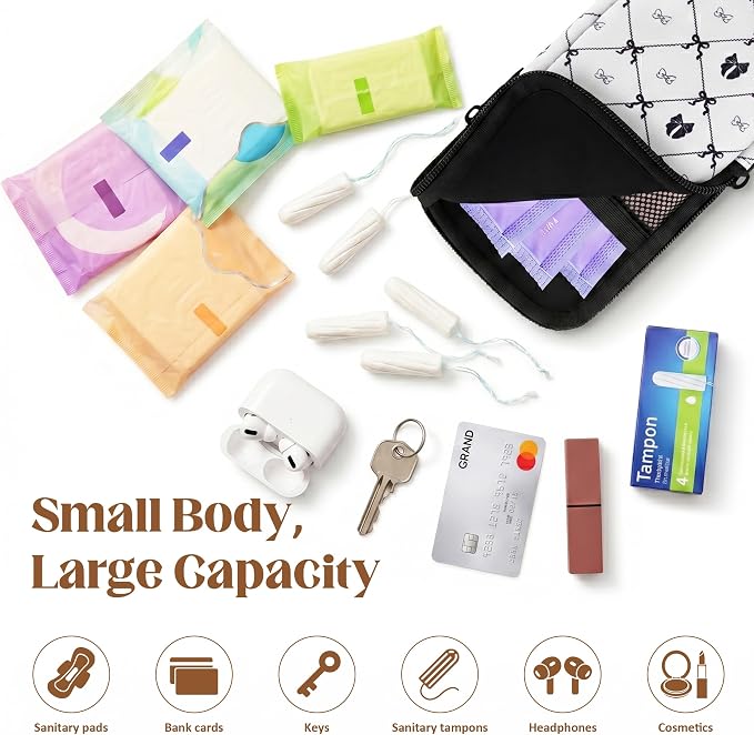 2 Pack Portable Tampon Holder Zippered Pouch with Snap Hook, Waterproof Travel-Friendly Discreet Period Bag, Feminine Products Organizer for Women Purse (Bow)