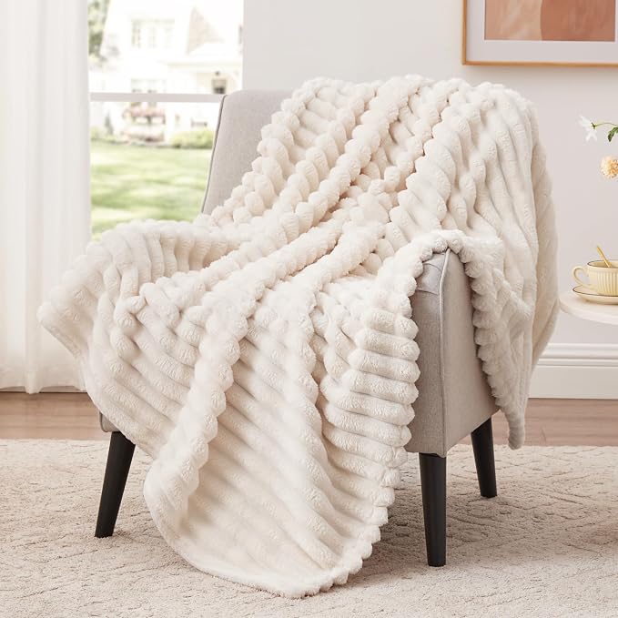 EXQ Home Fleece Blanket Twin Size for Couch or Bed - 3D Stripe Jacquard Decorative Blankets - Cozy Soft Lightweight Fuzzy Flannel Blanket Suitable for All Seasons(60"×80",Beige)