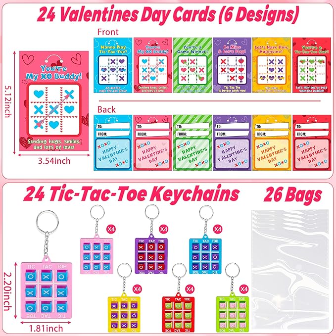 24 Pack Valentines Day Gifts for Kids Classroom Valentines Day Cards with Tic-Tac-Toe Game Keychains Valentines for Kids School Class Exchange Cards Valentines Party Favors Boys Girls Toddlers