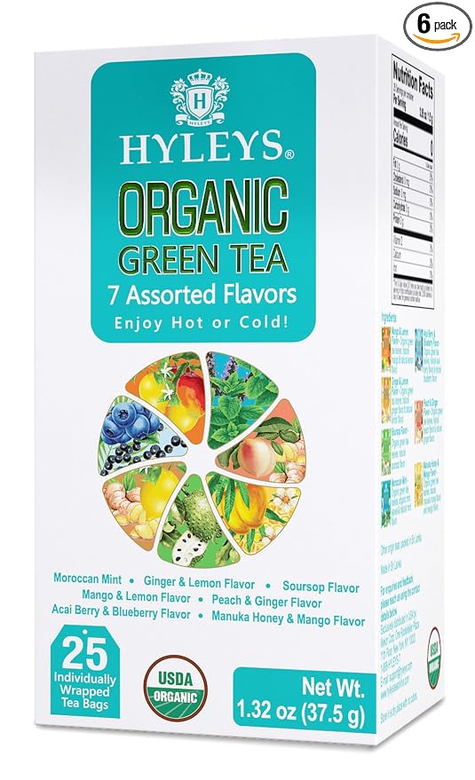 HYLEYS Organic Green Tea, 7 Assorted Flavors - 150 Individually Wrapped Tea Bags (6 Pack of 25) - Includes Soursop, Blueberry, Moroccan Mint and More - USDA Organic - Kosher & Vegan
