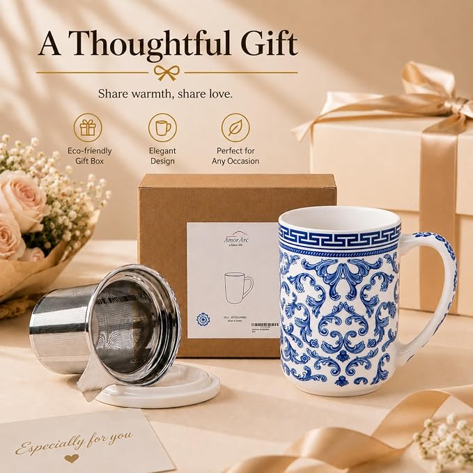 AmorArc Porcelain Tea Mug with Infuser and Lids, 18 Oz Large Cup Strainer with Bag Holder for Loose Leaf Tea, Steeping Coffee Mug for House-Warming Wedding Birthday Gift